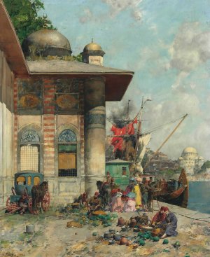 Market Day, A Capriccio Of The Old City Shores, Constantinople by Alberto Pasini Oil Painting