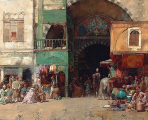 Marketplace At The Entrance To A Bazaar, Constantinople by Alberto Pasini Oil Painting