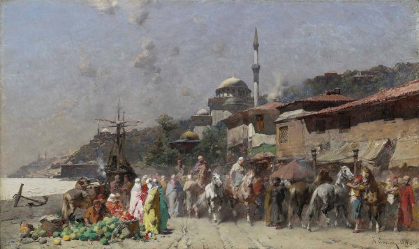 Main Product Photo of Marketplace On The Bosporus, Constantinople And The New Mosque Beyond  Painting by Alberto Pasini