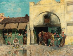 The blacksmith's shop by Alberto Pasini Oil Painting