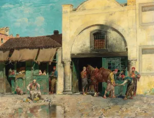 The blacksmith's shop by Alberto Pasini Oil Painting