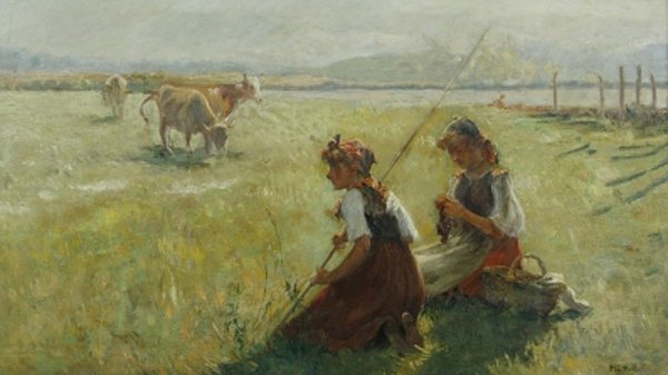 Ninas en el Campo by Alberto Pla y Rubio - Hand-Painted Oil Painting Reproduction