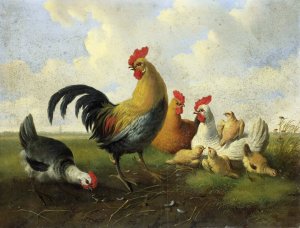 A rooster with Hens and Chicks by Albertus Verhoesen Oil Painting