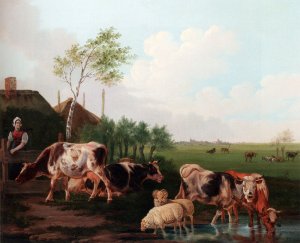 A Summer Landscape With Cows And Sheep By A Pool And A Milkmaid Watching by Albertus Verhoesen Oil Painting