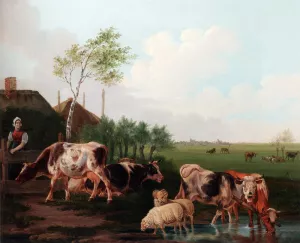 A Summer Landscape With Cows And Sheep By A Pool And A Milkmaid Watching by Albertus Verhoesen - Oil Painting Reproduction