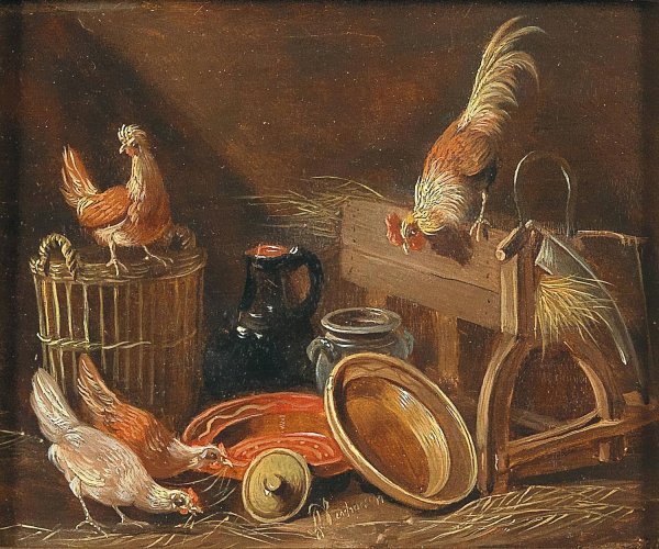 Main Product Photo of Huhnervolk Im Stall Painting by Albertus Verhoesen