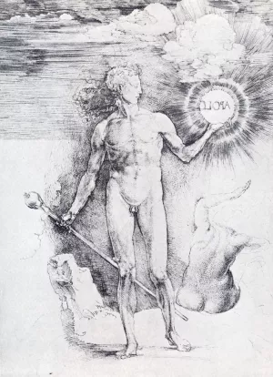 Apollo With The Solar Disc And Diana Trying To Shield Herself From The Rays With Her Uplifted Hand Oil painting by Albrecht Duerer