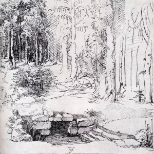 Forest Glade With A Walled Fountain By Which Two Men Are Sitting by Albrecht Duerer Oil Painting