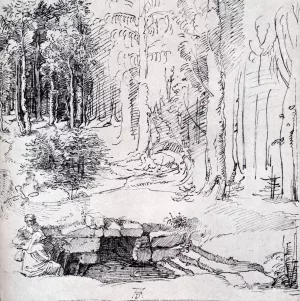 Forest Glade With A Walled Fountain By Which Two Men Are Sitting Oil painting by Albrecht Duerer