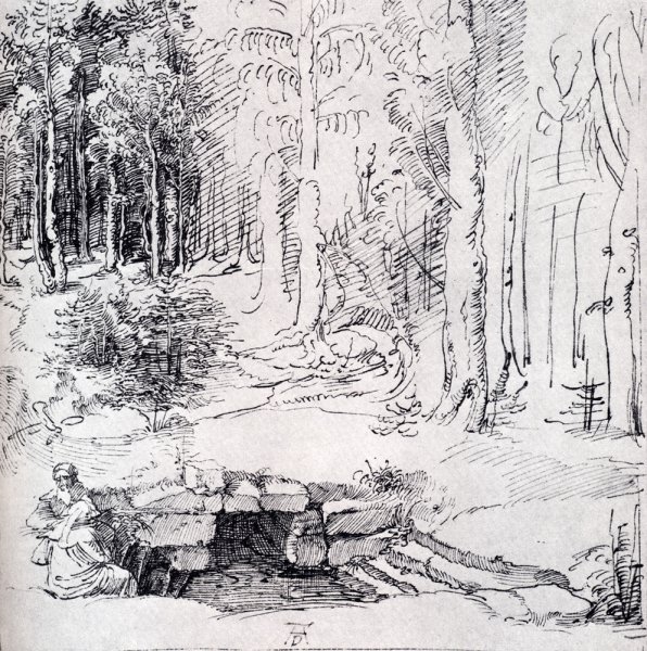 Forest Glade With A Walled Fountain By Which Two Men Are Sitting