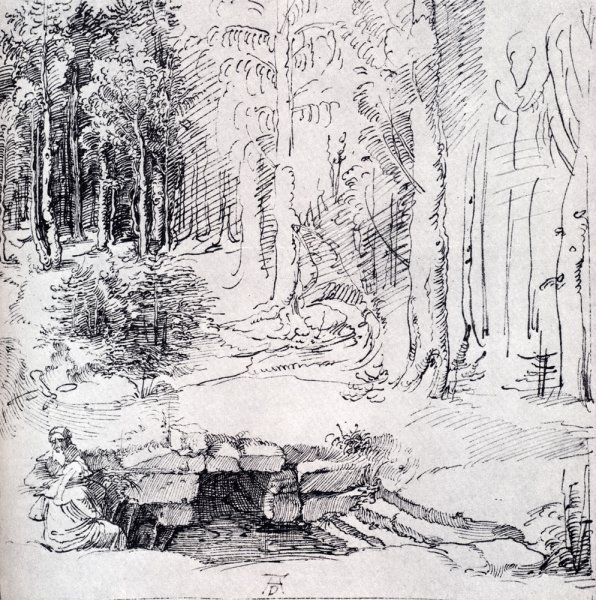 Main Product Photo of Forest Glade With A Walled Fountain By Which Two Men Are Sitting Painting by Albrecht Duerer
