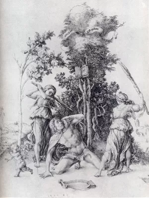 Orpheus Slain By Bacchantes, With A Boy Running Away Oil painting by Albrecht Duerer