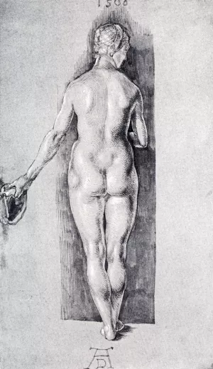 Rear View of a Female Nude Holding a Cap painting by Albrecht Duerer