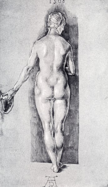 Rear View of a Female Nude Holding a Cap
