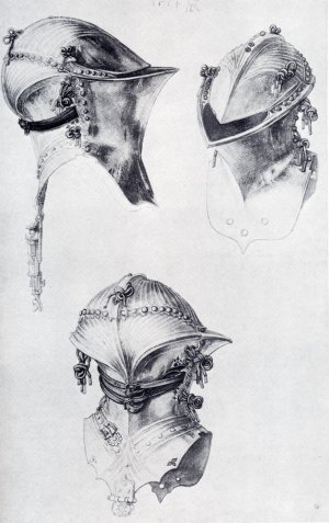 Side, Front, And Back View Of A Helmet Oil painting by Albrecht Duerer