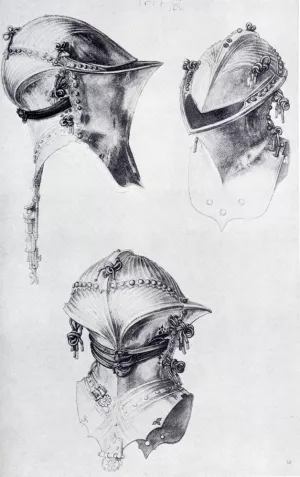 Side, Front, And Back View Of A Helmet painting by Albrecht Duerer