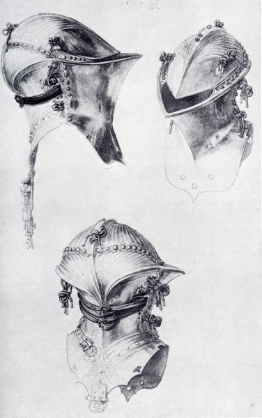 Main Product Photo of Side, Front, And Back View Of A Helmet Painting by Albrecht Duerer