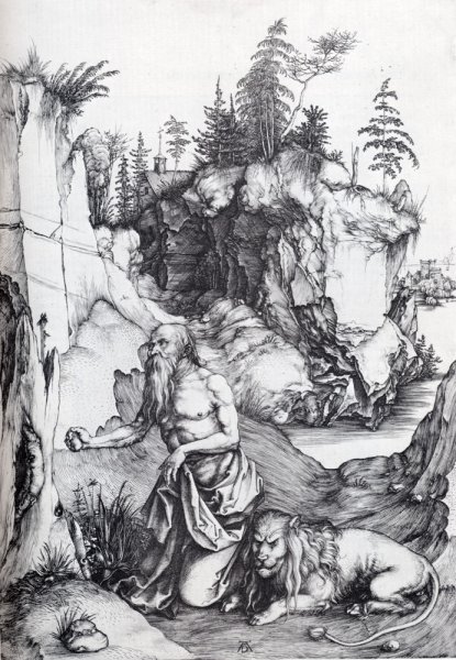 Main Product Photo of St. Jerome Penitent in The Wilderness Painting by Albrecht Duerer