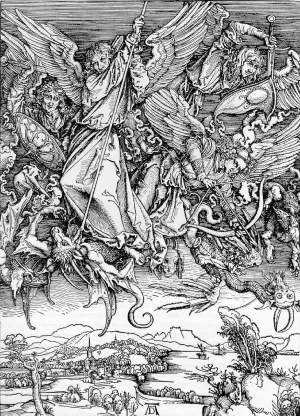 St. Michael's fight against the dragon painting by Albrecht Duerer