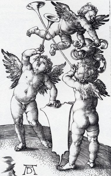 Main Product Photo of Three Putti with Shield and Helmet Painting by Albrecht Duerer