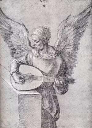 Winged Man, In Idealistic Clothing, Playing a Lute by Albrecht Duerer - Oil Painting Reproduction