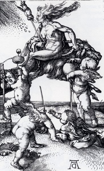 Main Product Photo of Witch Riding Backwards On A Goat Painting by Albrecht Duerer
