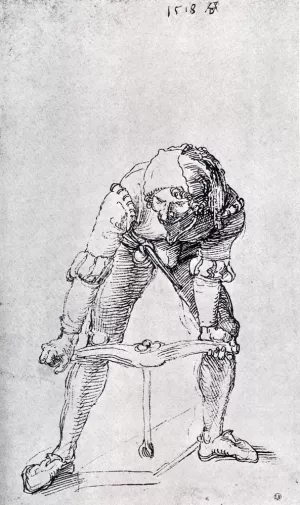 Young Man Leaning Forward and Working with a Large Drill Oil painting by Albrecht Duerer