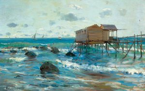 Trabucco On The Coast Of The Adria by Alceste Campriani Oil Painting