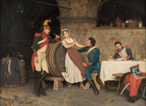 Resting soldiers in a tavern by Alcide Segoni - Hand-Painted Oil Painting Reproduction