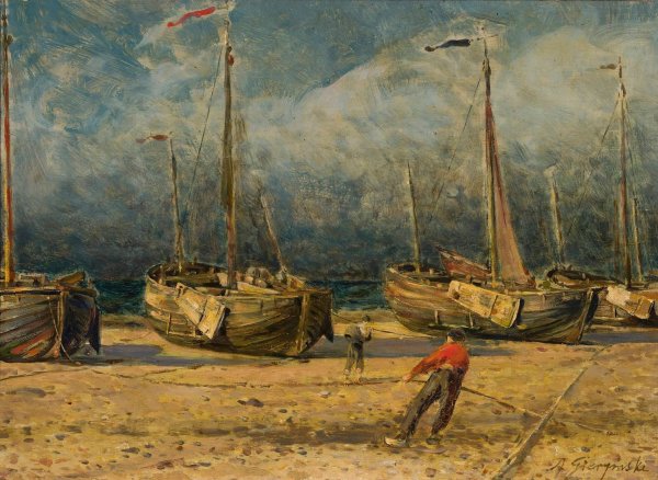 Fishing boats at the seaside  by Aleksander Gierymski - Hand-Painted Oil Painting Reproduction