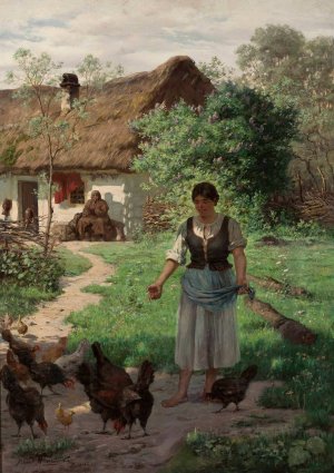 Village girl feeding hens by Aleksander Mroczkowski Oil Painting