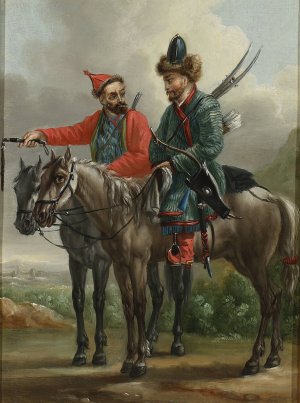 Two Kalmyk horsemen by Aleksander Orlowski Oil Painting