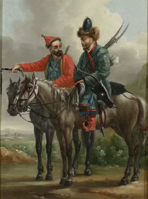 Two Kalmyk horsemen Oil painting by Aleksander Orlowski