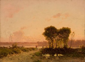 Landscape with a riverat sunset by Aleksander Swieszewski Oil Painting