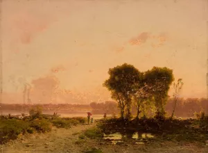 Landscape with a riverat sunset by Aleksander Swieszewski Oil Painting