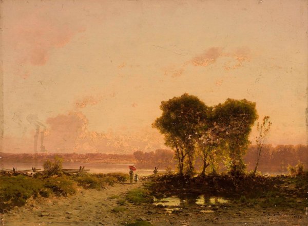 Landscape with a riverat sunset  by Aleksander Swieszewski - Hand-Painted Oil Painting Reproduction