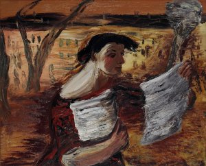 Woman with Leaflets by Aleksandrs Drevins Oil Painting