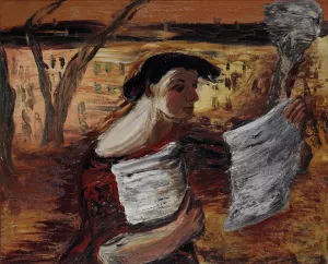 Woman with Leaflets by Aleksandrs Drevins Oil Painting