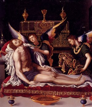 Dead Christ Attended By Two Angels by Alessandro Allori Oil Painting