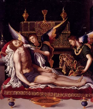 Dead Christ Attended By Two Angels by Alessandro Allori - Oil Painting Reproduction
