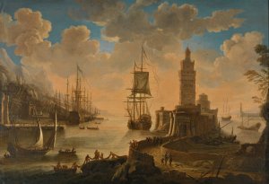 A Capriccio Of Shipping In A Mediterranean Harbour, With Fishermen Unloading Their Boat In The Foreground by Alessandro Grevenbroeck Oil Painting