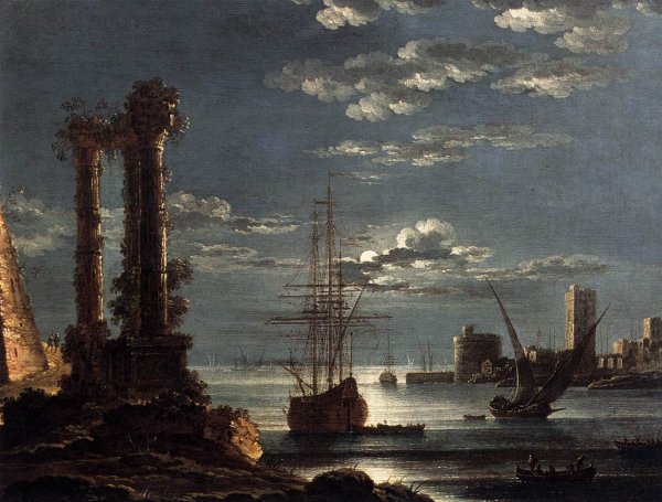 Mediterranean Port in Moonlight