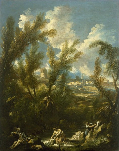 Main Product Photo of Landscape with Washerwoman  Painting by Alessandro Magnasco