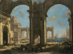 Architectural capriccio with a harbour by Alessandro Salucci Oil Painting