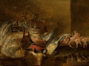 Dead birds and a cat by Alexander Adriaenssen Oil Painting