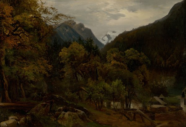 Mountain Landscape with Wooden Huts  by Alexander Brodszky - Hand-Painted Oil Painting Reproduction
