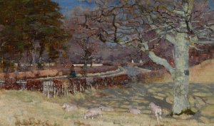 Sheep by a sun dappled road by Alexander Brownlie Docharty Oil Painting