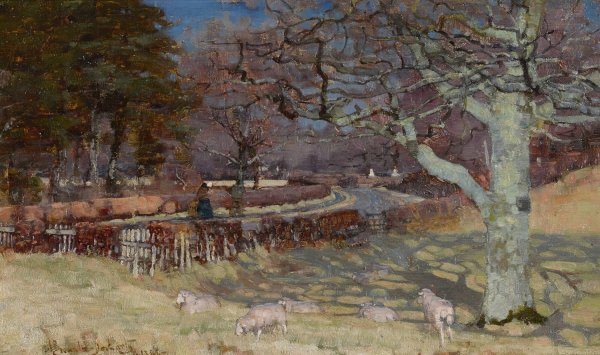 Sheep by a sun dappled road  by Alexander Brownlie Docharty - Hand-Painted Oil Painting Reproduction