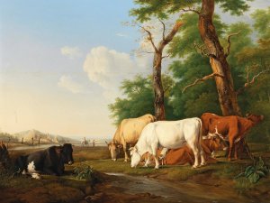 Cows in a meadow by Alexander Johann Dallinger Von Dalling Oil Painting