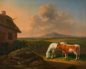 Pferd und Kuh im Wirtschaftshof by Alexander Johann Dallinger Von Dalling Oil Painting